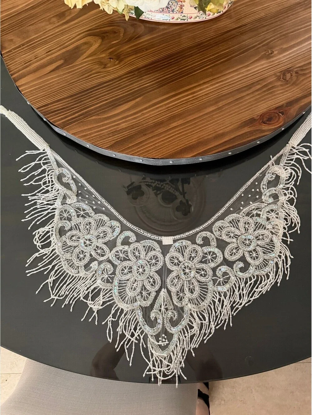 Vintage Beaded Lace Collar Scarf White Pearl Fringe Floral Sequin One Size